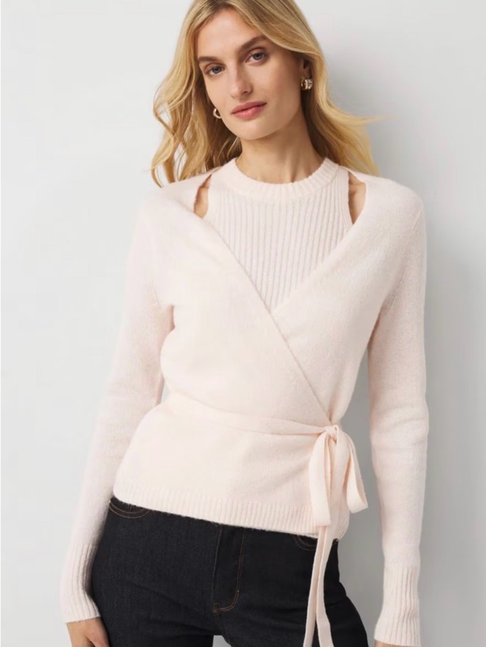 White House Black Market Pale Pink Wrap Tie Sweater